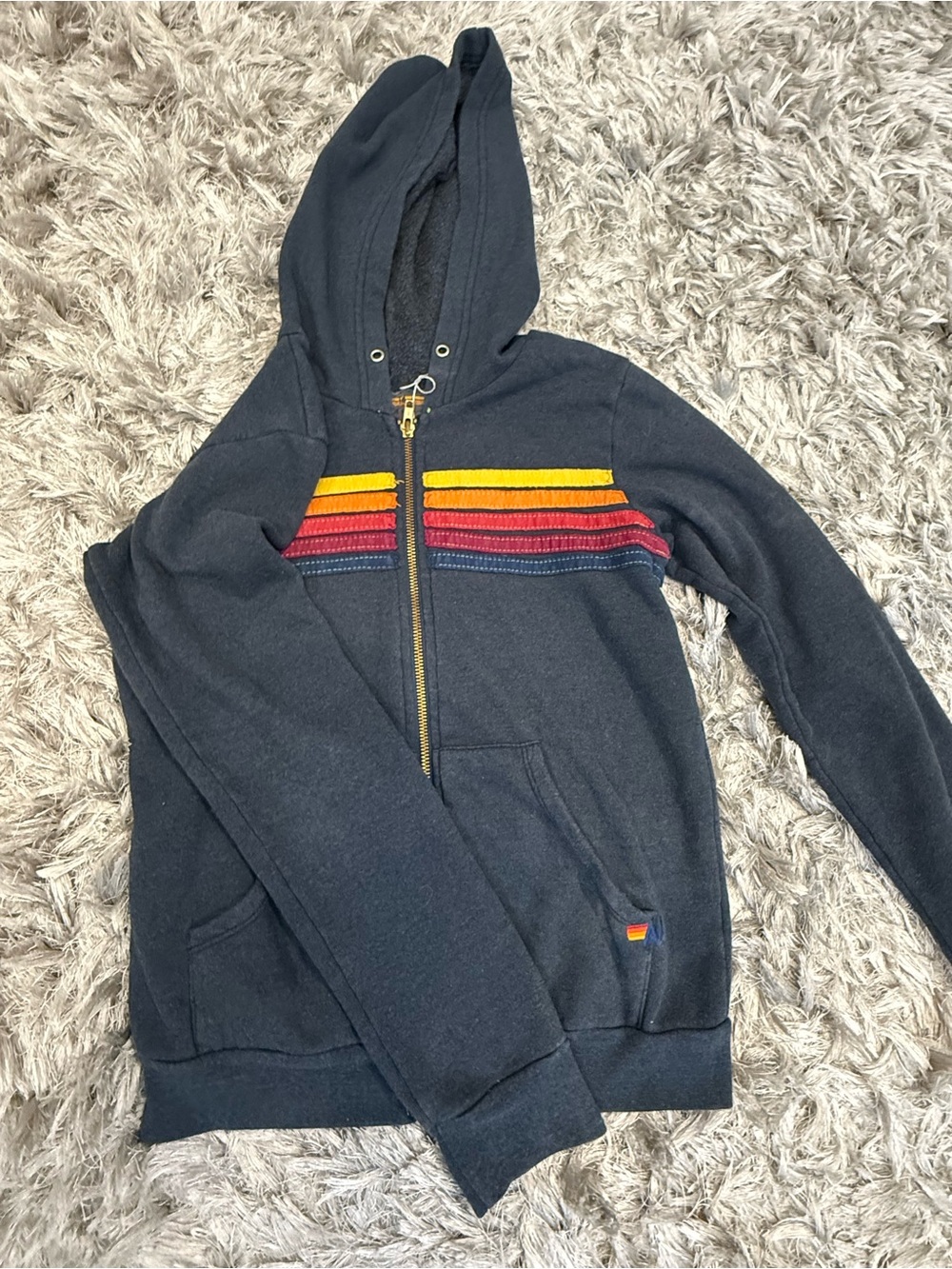 Aviator Nation Navy Zip Hoodie with Red and Yellow Stripe Accents